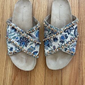Anthropologie Blue and Cream Floral Slide Sandals